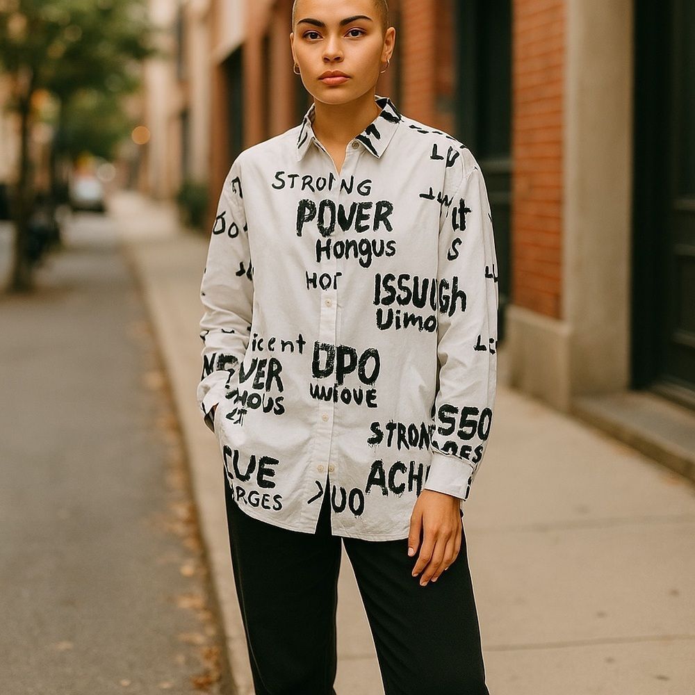 White and Black Graphic Print Blouse